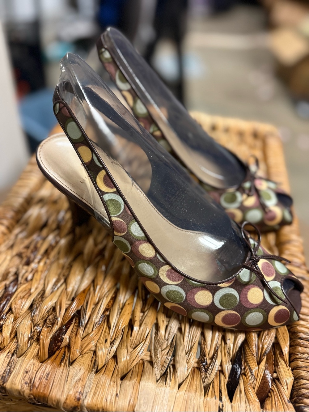 Life Stride Brown Polka Dot Slingback Heels with Green and Cream Circles